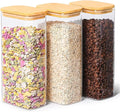 ComSaf 2 Qt Rectangle Glass Storage Containers with Lids, Glass Jars with Bamboo Lids, Clear Food Jar, Square Canister Set of 3, Pantry Organizers and Storage for Flour Pasta Coffee Bean