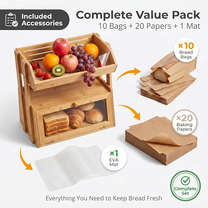 Bamboo Bread Box for Kitchen Countertop, 2 Tier Large Storage with Fruit Basket Top and Window, Farmhouse Organizer for Snacks & Vegetables