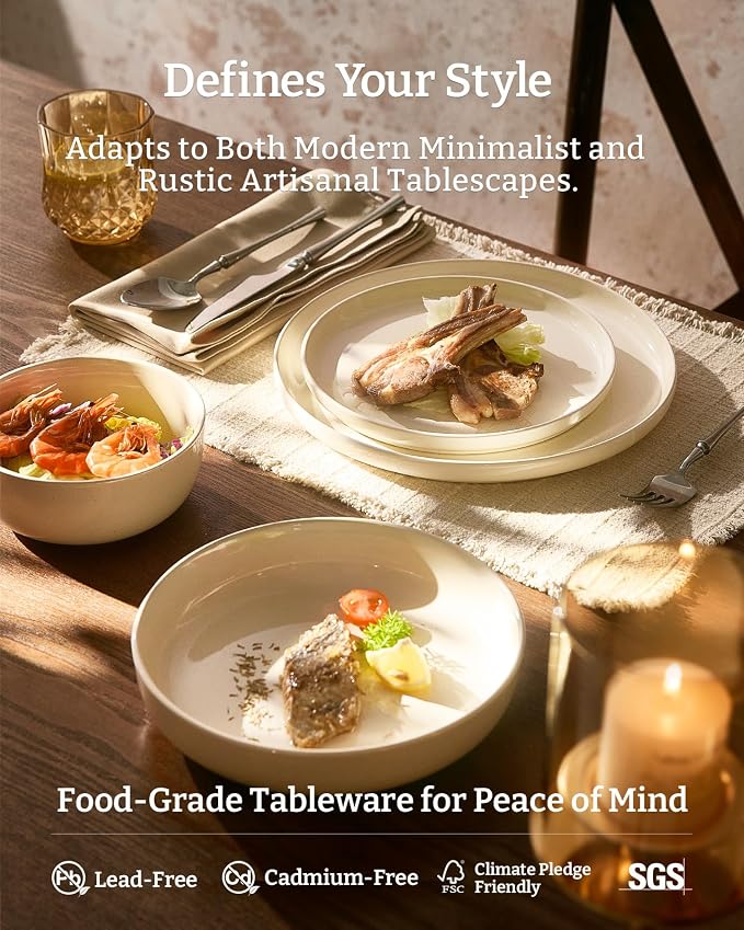 Famiware Milkyway Stoneware Dinnerware Set, 18-Piece, Plates and Bowls for Everyday & Formal Dining, Service for 6, Microwave and Dishwasher Safe, Scratch-Resistant, Almond Milk