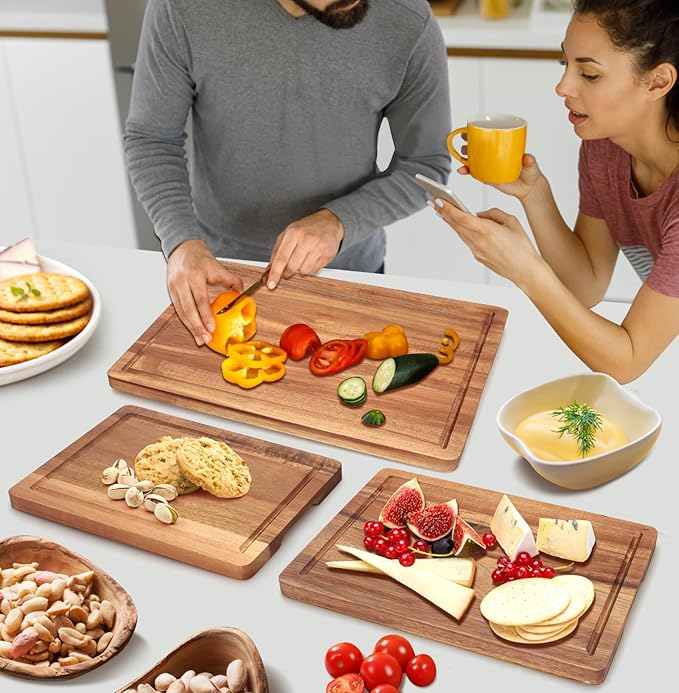 Solid Wooden Cutting Board Set of 3 Acacia Wood Charcuterie Boards Set Hardwood Meat Chopping Board Butcher Blocks Safe Non Toxic Large Cutting Boards for Kitchen Decor Bread Serving Cheese Board