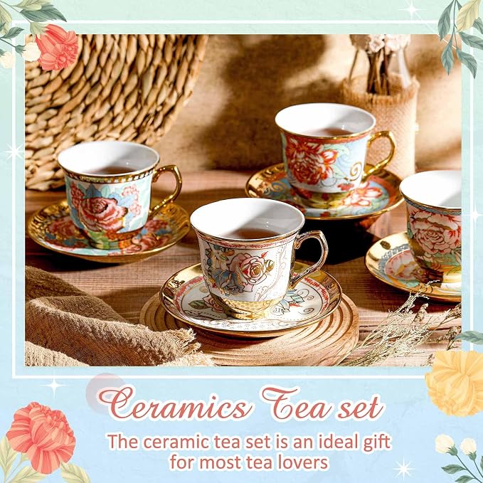 Teenyyou Set of 12 Tea Cups and Saucers Tea Party Decorations Floral Porcelain 5.4 oz British Gift for Women Birthday Party, Church, and Mother's Day (Vibrant Style)