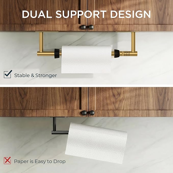 FORIOUS Paper Towel Holder Under Cabinet, Single Hand Operable with Adjustable Damping for Easy Tear, Adhesive or Drill Wall Mount, 304 Commercial Paper Towel Holder for Kitchen Bathroom, Brushed Gold