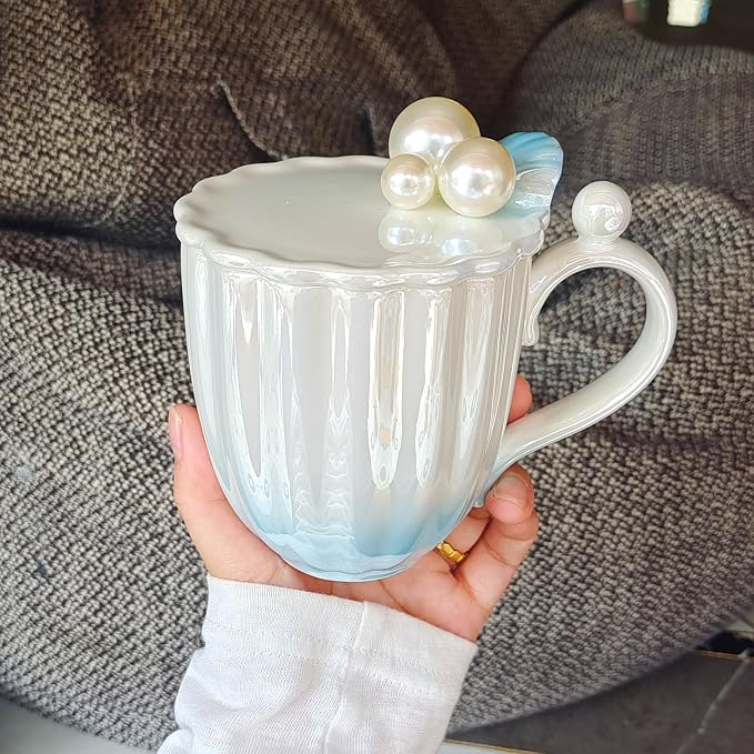 Pearl Ceramic Coffee Mug for Tea Latte Milk Cute Love Shape Cup for Home Office Women Gift 6.5 oz (Shell Pearl White, 420 ml)