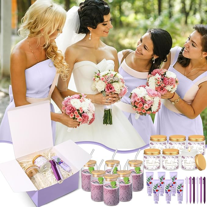 Reallnaive 6 Sets Baby Shower Prizes for Game Winners, Baby Shower Favors Including Glass Cup Scented Candles Hand Cream Pens Gift Box with Raffia for Gender Reveal Wedding Bridal Party Prizes(Purple)