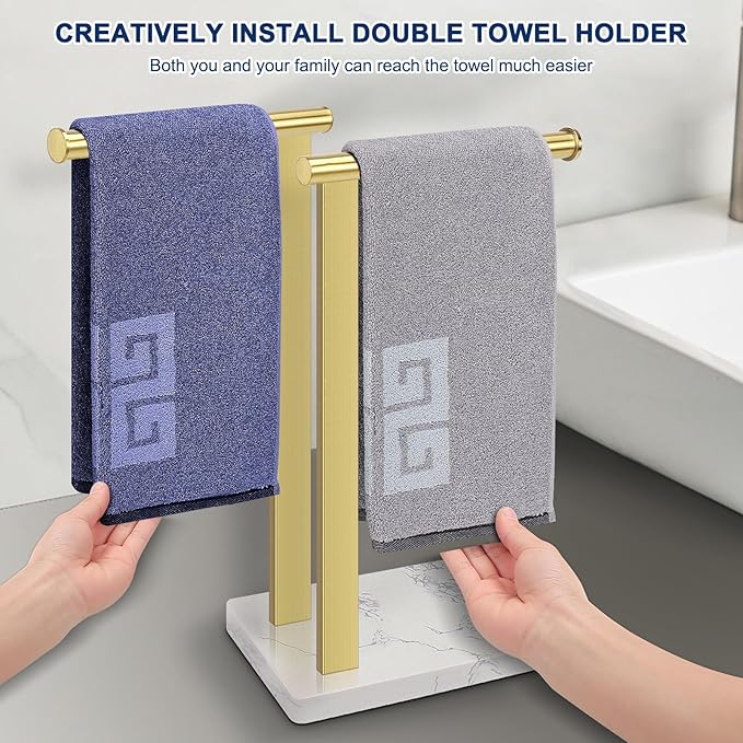 NearMoon Hand Towel Holder with Balanced Marble Base, SUS304 Stainless Steel Stand Towel Ring L Shape Hand Towel Rack Free-Standing Towel Bar for Bathroom Kitchen Countertop (Double Rod, Brushed Gold)