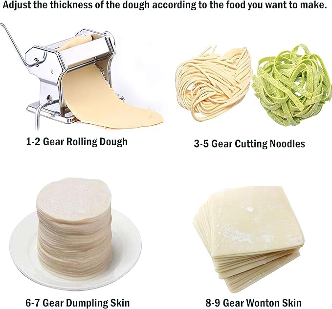 Pasta Maker Machine, Manual Pasta Makers 9 Adjustable Thickness Settings, Noodles Maker with Aluminum Alloy Rollers and Cutter for Spaghetti, Fettuccini, Lasagna, Dumpling Skins (with Brush)