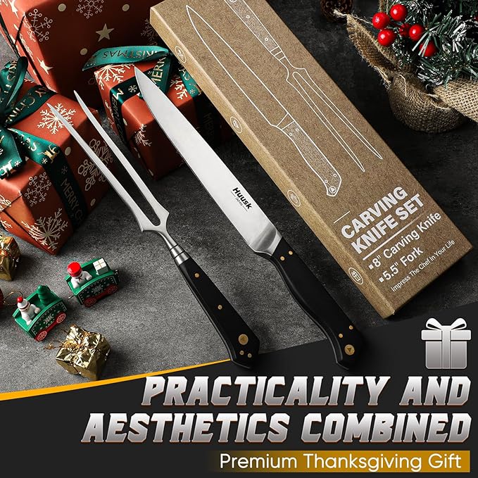Huusk Turkey Carving Knife Set - Sharp Carving Fork & Knife for Meat, BBQ, Brisket - Japanese Slicing Knife with Elegant Box, Christmas Gifts for Men Women