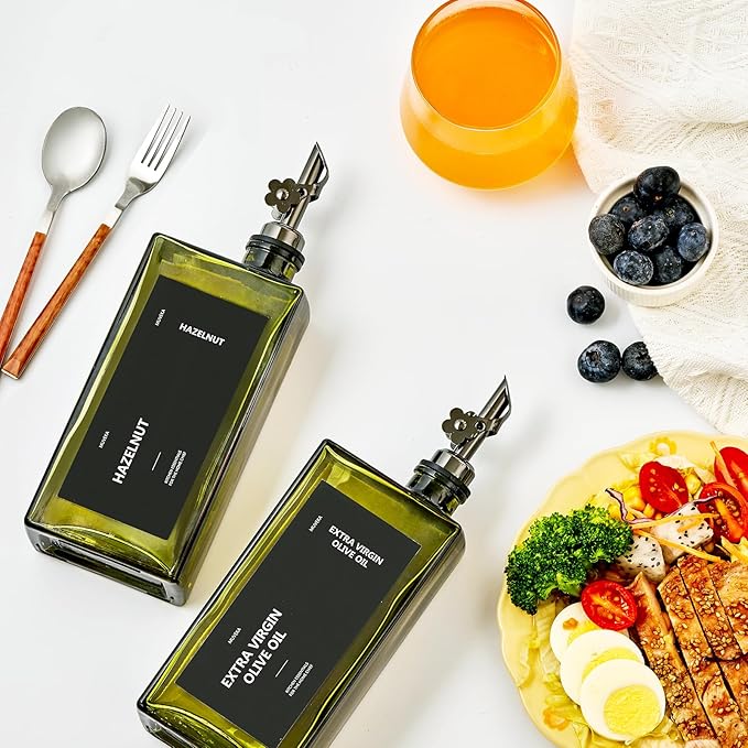 Olive Oil Dispenser Bottle for Kitchen, 16.9oz /500ml Cooking Vinegar Dispenser Bottle Set, Glass Sauce Container, Labels, Brush, Funnel, Stoppers, Green for Oil, Wine