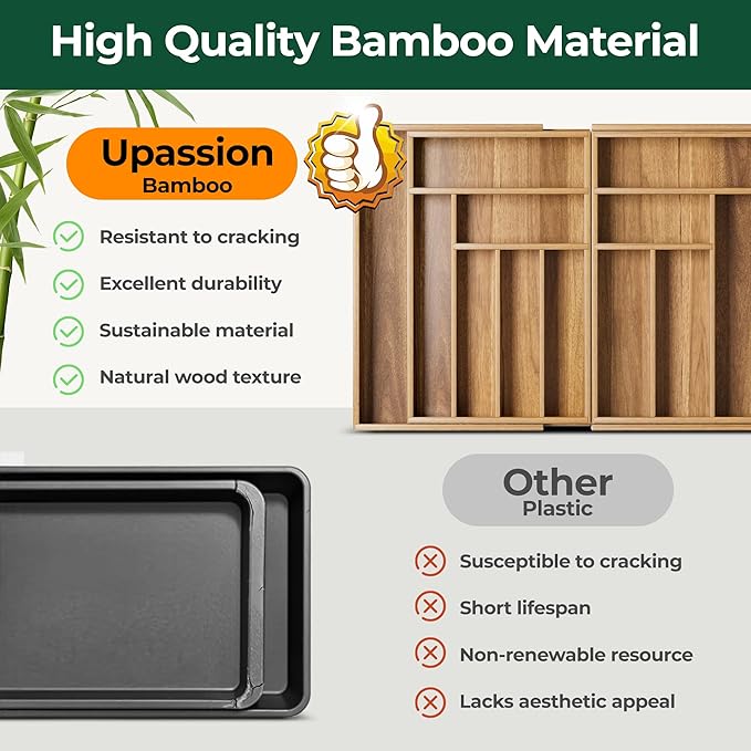 Large Silverware Organizer, 13 Slots Magnetic Connected Expandable Bamboo Utensil Drawer Organizer From 21 to 37.4 Inches, Adjustable Flatware and Cutlery Holder, Utensil Tray for Kitchen Natural