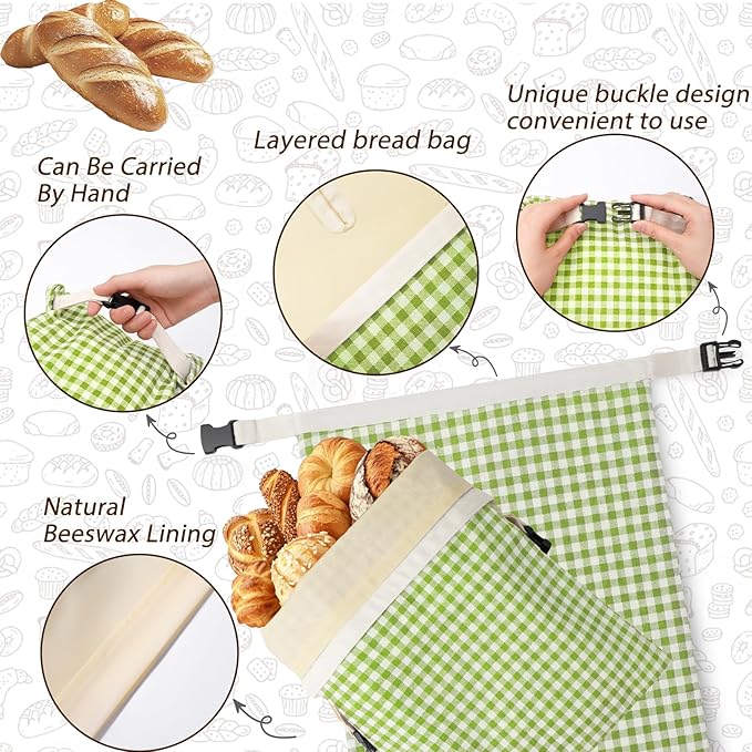 2-Pack Reusable Beeswax Bread Bags for Sourdough, Natural Linen Bag for Homemade Bread，Extend the insurance period(Green)