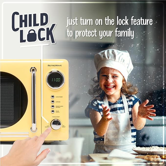 Nostalgia Retro Compact Countertop Microwave Oven - 0.7 Cu. Ft. - 700-Watts with LED Digital Display - Child Lock - Easy Clean Interior - Yellow