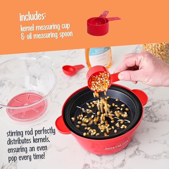 Nostalgia Electric Non-Stick Stirring Popcorn Machine with Hot Oil- Easy-To-Clean Popcorn Popper with Dual-Use Bowl & Cool-Touch Handles- Popcorn Maker for 8 Cups of Theater Style Popcorn- Red