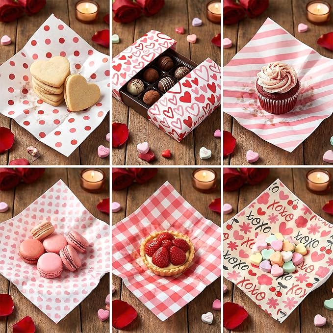 Reallnaive 300 Pcs Valentine Wax Paper Sheets for Food 12 x 12 Inch Pink Heart Parchment Deli Tissue Paper Sandwich Wrapping Sheets Food Basket Liners for Kitchen Restaurant Baking Supplies, 6 Styles