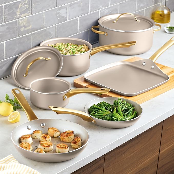 Farberware Radiant Nonstick Cookware/Pots and Pan Set with Lids and Prestige Kitchen Cooking Tools, Dishwasher Safe, 12 Piece, Champagne