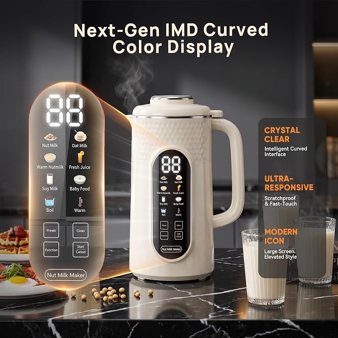 10 in 1 Nut Milk Maker Machine, 42oz IMD Screen Almond Milk Maker, Soy Milk Maker with Self-Cleaning, Delay Start, Keep Warm, Boil Water, Automatic Plant-Based Milk Maker for Soybean, Oat, Coconut
