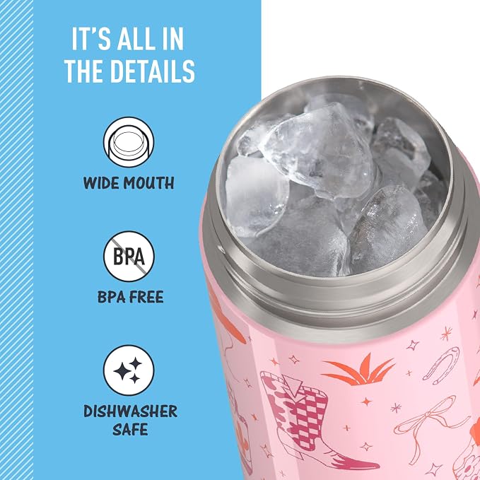 THERMOS FUNTAINER 16 Ounce Stainless Steel Vacuum Insulated Bottle with Wide Spout Lid, Cowgirl Charm