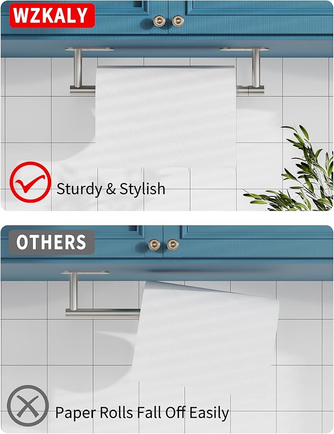 Paper Towel Holder Under Cabinet, Self Adhesive or Wall Mounted SUS304 Stainless Steel Paper Towel Holder for Kitchen, Bathroom(2 Towel Hooks, Silver)