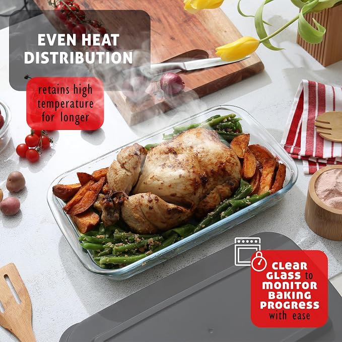 EATEX 16-Piece Deep Glass Casserole Dishes for Oven with Plastic lids, Rectangular Glass Baking Dish Set, Baking Pans for Lasagna, Leftovers, Cooking, Kitchen, Freezer-to-Oven and Dishwasher, Gray