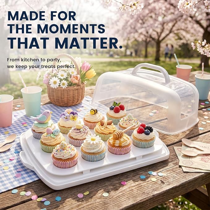 VGOODALL Cake Carrier, 12 Capacity Large Cupcake Holder, 3-in-1 Rectangular Cake Containers for Pies Muffin Candies Fruits Snacks, Dessert Storage Box for Parties, Picnics, Baking(14.8×10.9×3.1)