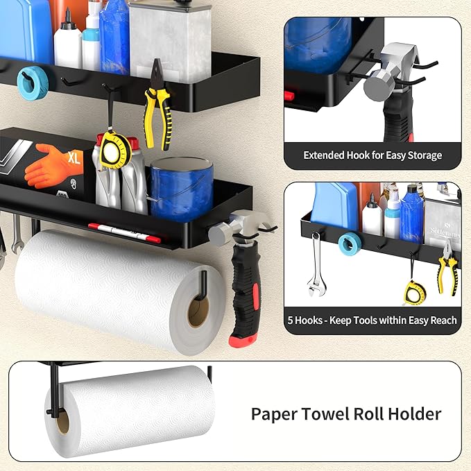 YIGII Heavy Duty Garage Paper Towel Holder with 2 Storage Shelves, Wall Mount Paper Towel Rack with Phone Holder & Hooks, Shop and Tool Room Organizer for Storage