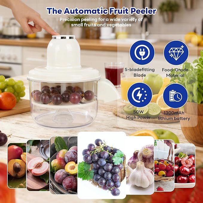 Automatic Grape Peeler Machine, Electric Garlic & Cherry Tomato Peeler Skin Remover Tool for Small Fruits, Effortless Peeling for Home Kitchen (White-1PC)