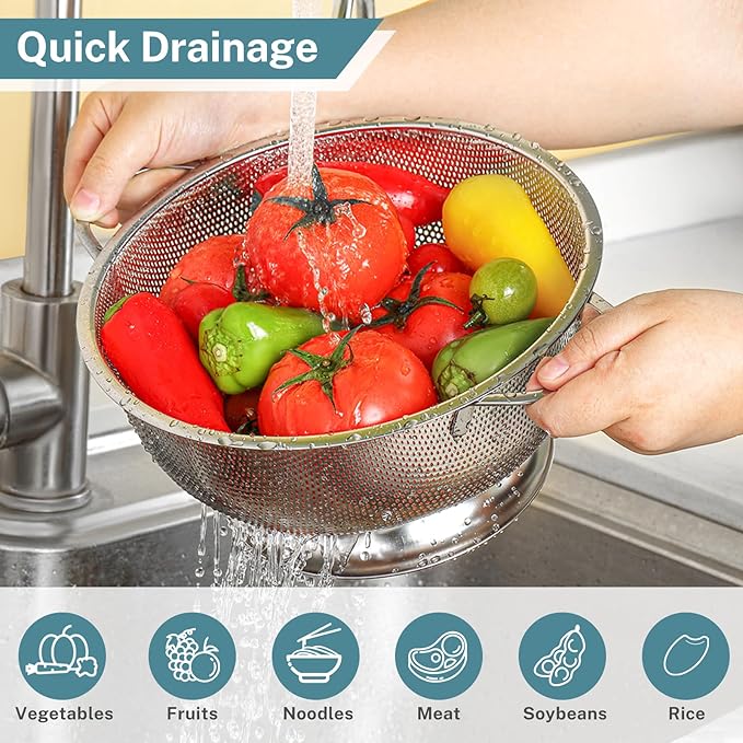 Pleafind 18/8 Stainless Steel Colander for Kitchen - 5 qt and 3 qt, Rapid-Flow Strainers and Colanders with Handle, Pasta Strainer with Sturdy Base for Stable Use, Rust-Resistant & Dishwasher Safe