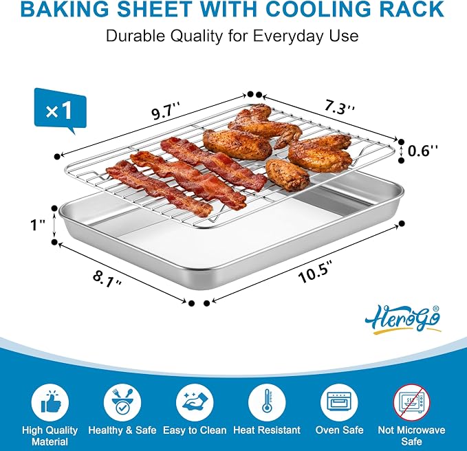 Herogo Small Baking Sheet with Wire Rack Set(1 Pans + 1 Racks), 10.5"x 8" x 1" Stainless Steel Cookie Sheet Bakeware Set for Oven, Nontoxic & Easy Clean