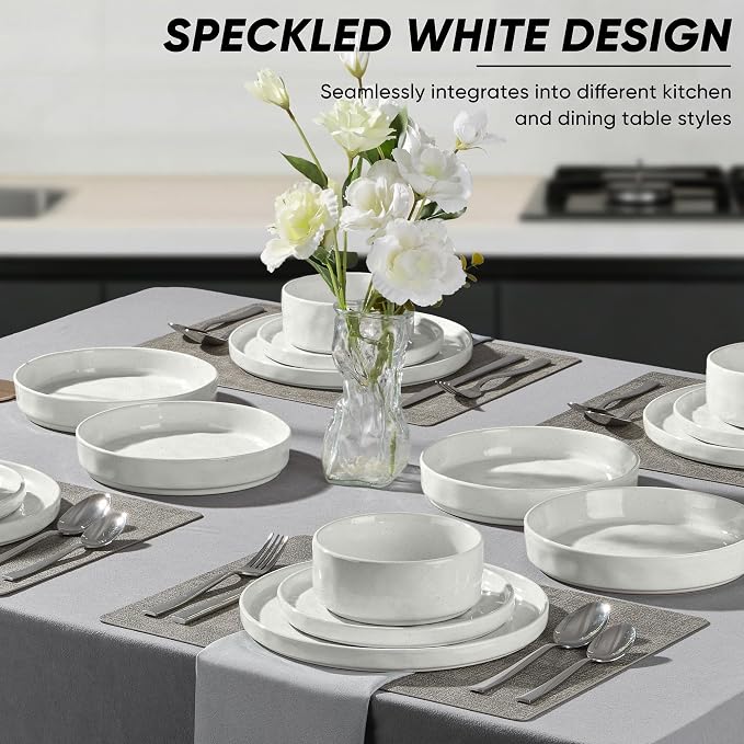 E-far 24-Piece Plates and Bowls Sets with Pasta Bowls - Stoneware Dinnerware Set for 6, Modern Ribbed Speckled White Dishes, Microwave & Dishwasher Safe