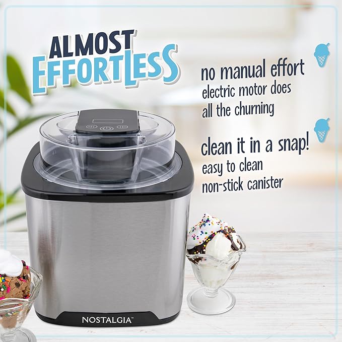 Nostalgia 2-Quart Digital Electric Ice Cream for Homemade Ice-Cream, No Salt or Ice Required, Overnight Chill Canister, Stainless Steel