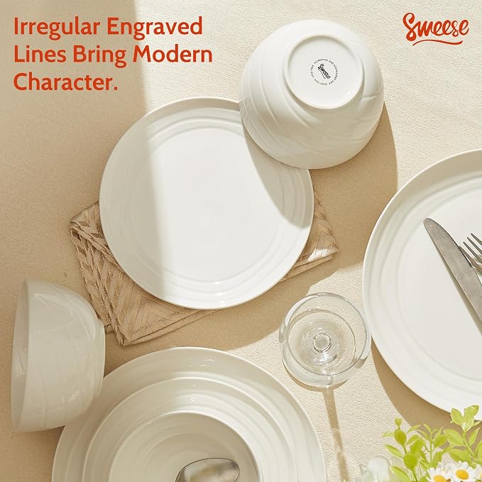 Sweese Porcelain Dinnerware Sets for 6, 18 Pieces Plates and Bowls Sets, Handcrafted Minimalist Dinner Set, Chip and Scratch Resistant Dish Set, Dishwasher & Microwave Safe, White