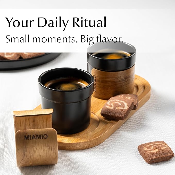 MIAMIO – Espresso Cups Set of 4 (3.5 oz) Japanese Tea Cups Ceramic/Handleless Mug with removable Wooden Cuff/Coffee Cups without Handle (Black)