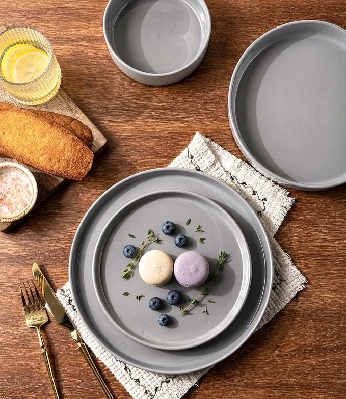 AmorArc Ceramic Dinnerware Set for 4 | Speckled Stoneware Plates and Bowls with unglazed terracotta | Scratch Resistant, Dishwasher & Microwave Safe Dishes Sets- 12-Pcs Gray