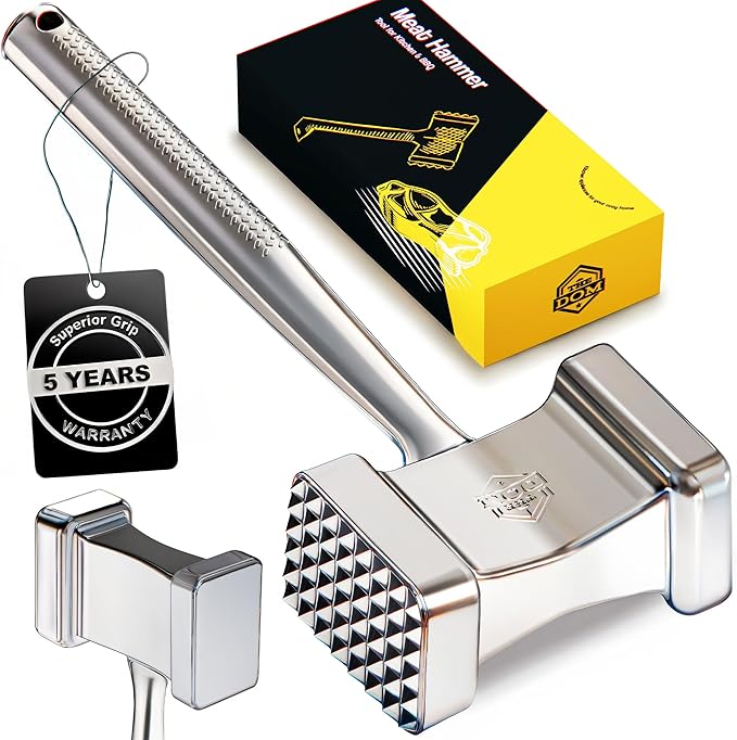 Stainless Steel Meat Mallet Hammer Tenderizer, Textured Grip Meat Mallet Tenderizer, 1.1lb Single-Piece Chicken Pounder, Large Surface Meat tenderizer Tool, 5-Year Warranty, Ablandador de carne