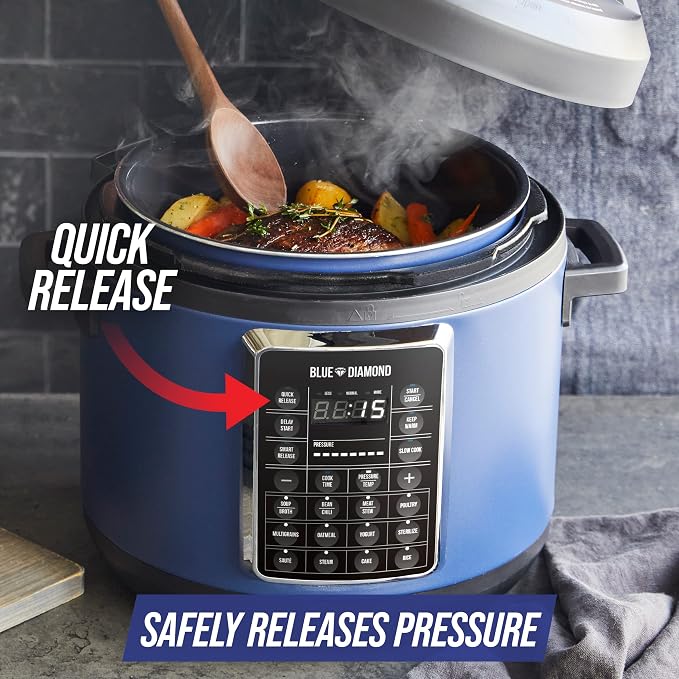Blue Diamond Ceramic Nonstick, 16-in-1 6QT Electric Pressure Cooker, Slow Cooker, Rice Cooker, Yogurt Maker, Saute, Steamer and More, Programable, Dishwasher Safe Pot, PFAS-Free, Blue