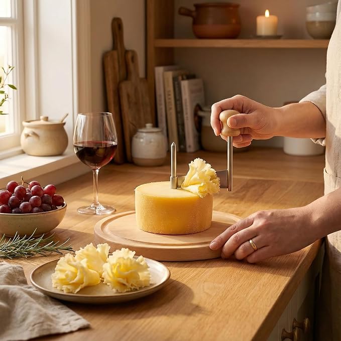 Cheese Curler Wheel for SEMI Hard Cheese, Girolle Cheese Shaver Tool for Charcuterie Boards & Entertaining, Create Cheese Flowers from Tete de Moine & Petit Basque, Wooden Base