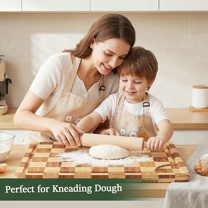 XL Bamboo Cutting Board for Kitchen Extra Large Checkered End Grain Wood Chopping Board with Deeper Juice Grooves Wooden Butcher Block for Kneading Dough, Meat, Cheese & Charcuterie