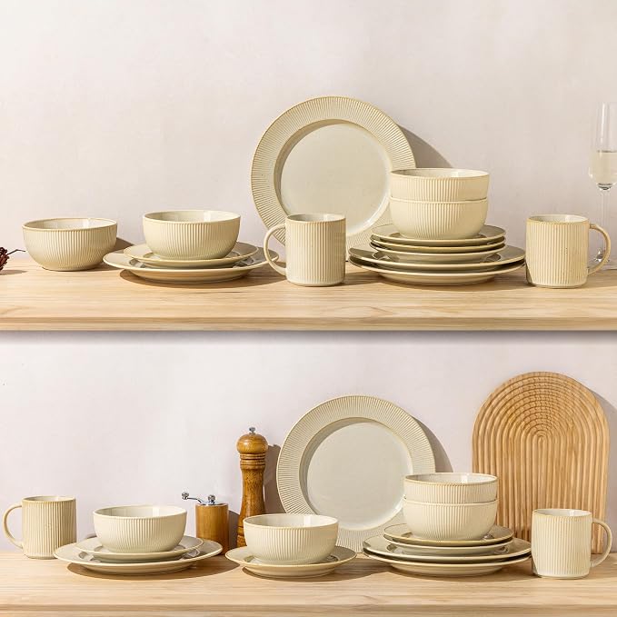 TheTerra Stoneware Dinnerware Sets for 4, 12 Pieces Ceramic Plates and Bowls Sets, Scratch Resistant Embossed Dish Set, Oven, Microwave & Dishwasher Safe, Cream Latte