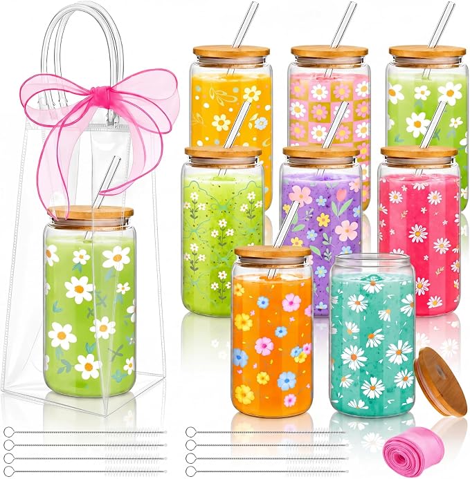 Mumufy 8 Sets Daisy Flower Glass Cups with Clear Gift Bag 16 oz Reusable Pink Yellow Iced Coffee Mugs Aesthetic Cute Tumbler with Lids and Straws, Gifts for Girls Women Bridesmaid