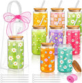 Mumufy 8 Sets Daisy Flower Glass Cups with Clear Gift Bag 16 oz Reusable Pink Yellow Iced Coffee Mugs Aesthetic Cute Tumbler with Lids and Straws, Gifts for Girls Women Bridesmaid