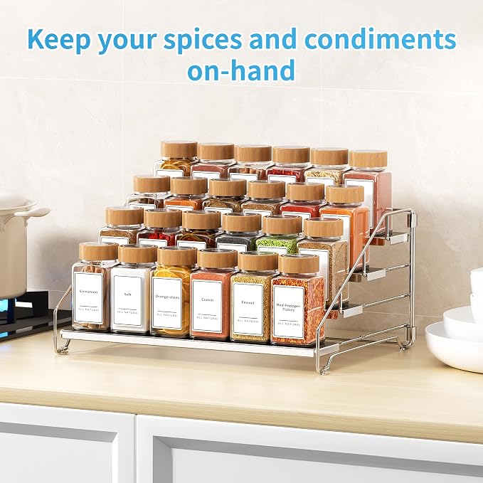 BOIVSHI Spice Organizer, 4 Tier Spice Rack Organizer for Cabinet, Adjustable Depth Spice Shelf for Countertop, Heavy Duty Seasoning Organizer for Cabinet, Counter, Pantry, Cupboard - Chrome,1 Pack