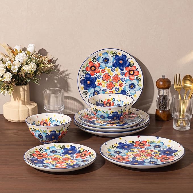 12-Piece Vibrant Floral Ceramic Dinnerware Set, Service for 4, Colorful Floral Plates and Bowls, Microwave & Dishwasher Safe, Bohemian Style Porcelain Dish Set