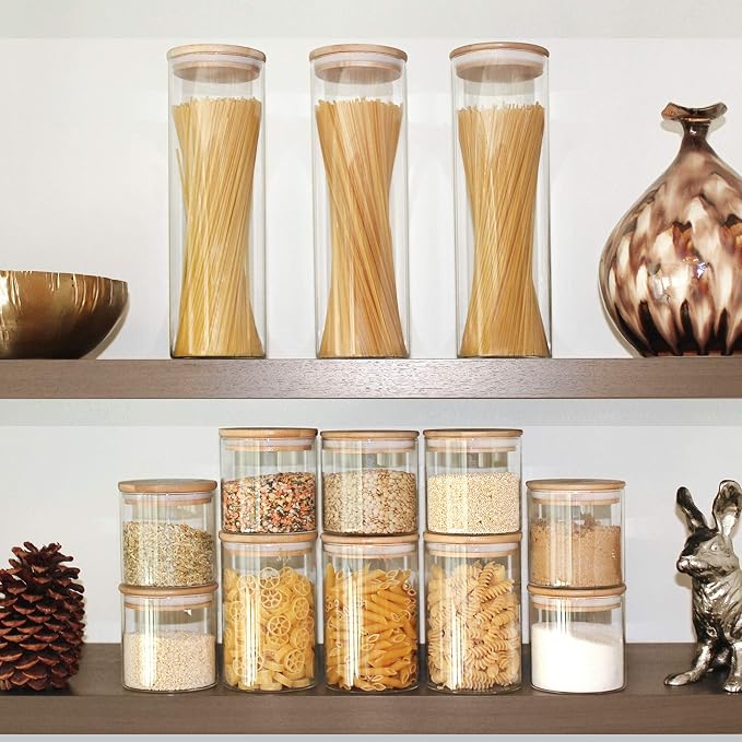Glass Jars with Bamboo Lids (40oz in 3 Pack), Glass Food Jars and Canisters Sets, Pantry Food Storage Jars with Airtight Lids, Large Glass Canisters with lids