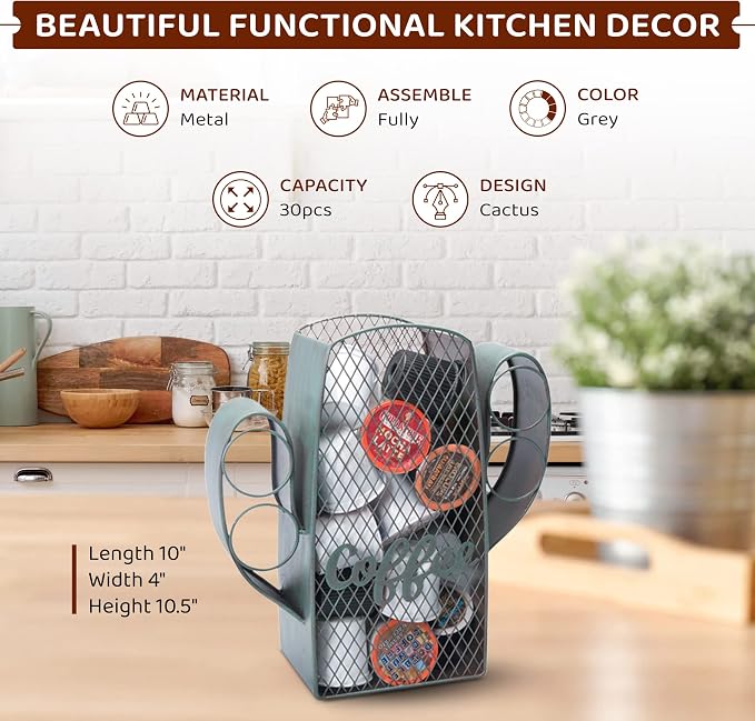 Made Easy Kit Coffee Pod Organizer - Home Coffee Bar Functional Décor - Café Station Countertop Storage Accessories (Cactus)