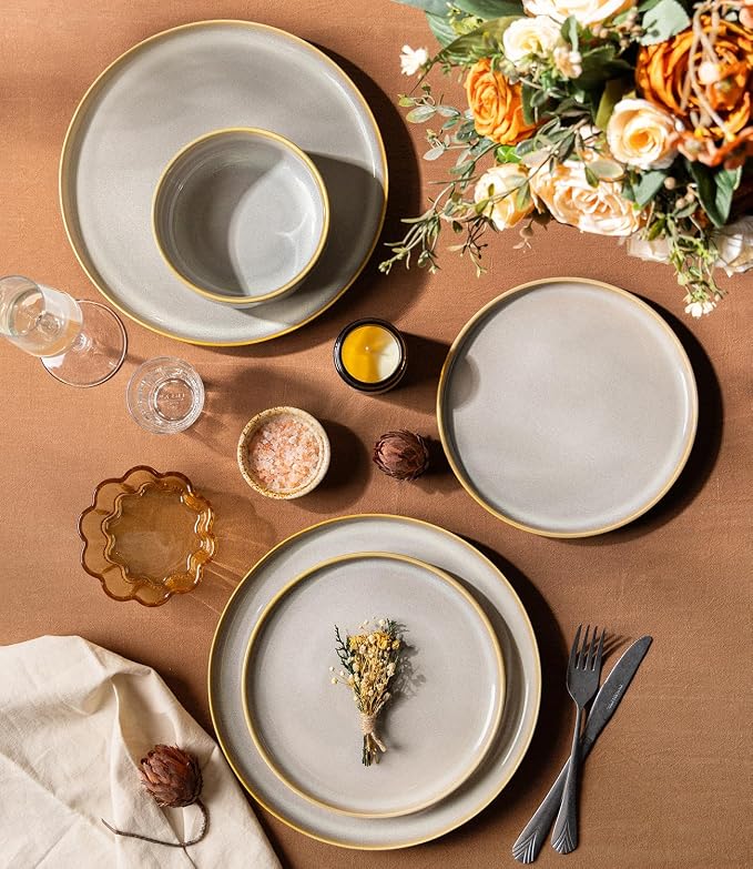 TheTerra Ceramic Dinnerware Sets for 8, 24 Pieces Handmade Reactive Glaze Plates and Bowls Set, Scratch Resistant Dish Set, Oven & Microwave & Dishwasher Safe, Autumn Haze