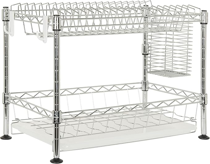 Eyely HSD1002A Brook 24" Adjustable 2-Tier Carbon Steel Rust-Proof Dish Drying Rack with Removable Tray, Removable Utensil Holder, and a Cutlery Holder, Durable and Easy Assembly, Chrome