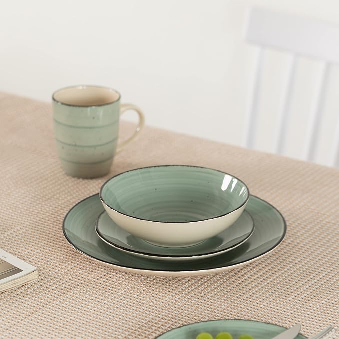 Rimmed Dinnerware Set | Mugs, Salad and Dinner Plates and Bowls Sets, Dishes with Highly Chip and Crack Resistant, Dishwasher and Microwave Safe (Green, Service For 8)