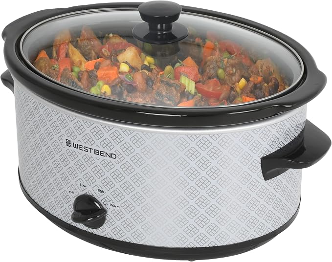 West Bend Slow Cooker 6-Quart Manual Crockery Style with Dishwasher Safe Oval Ceramic Crockpot and Glass Lid Two Temperature Settings Plus Keep Warm, 330-Watts, Silver