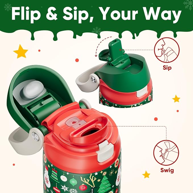 Christmas Insulated Water Bottle with Straw - Leak Proof Stainless Steel Water Bottle for School, Travel, Keeps Cold All Day, One-Touch Flip Lid, Holiday Gifts For Women Men, 24 oz, Frosty Forest
