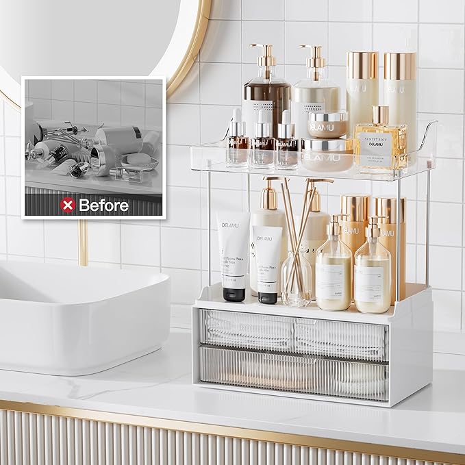 Delamu Bathroom Organizers and Storage, 2 Tier 2 Drawer Makeup Organizer Countertop, Easy to Install, Ideal for Bathroom Counter, Vanity, Clear