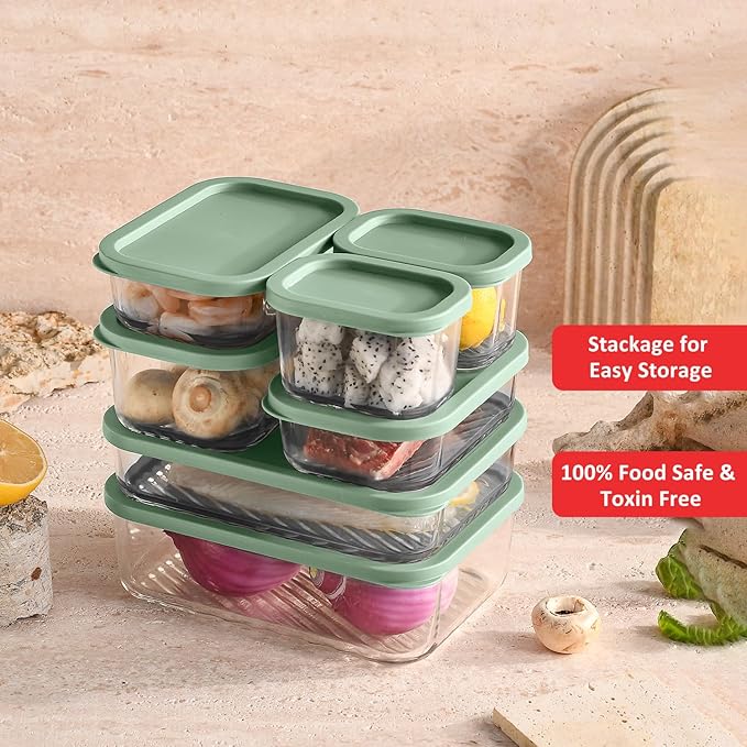 EATEX Grooved Base Glass Meal Prep Containers, 7 Pack Glass Storage Containers with Lids for Meal Prep & Lunch, Microwave Oven Freezer Dishwasher Safe, Anti Moisture Non-Stick Design - Sage Green
